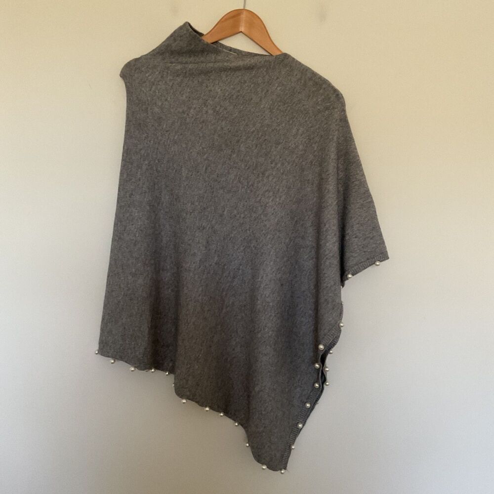 La Fiorentina Light Gray Knit Poncho Wrap With Pearl Trim One Size Chic Feminine